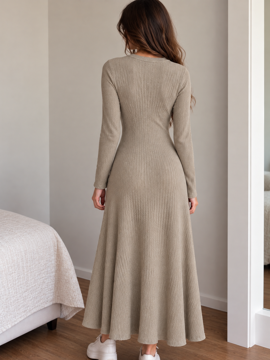 Vestido largo de punto canalé- beige topo talla M